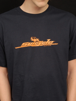 A deep navy blue t-shirt with a tangerine Suicycle logo on the front, and a smaller logo on the back near the collar.