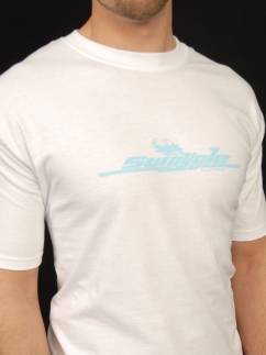 A white t-shirt with a carolina blue Suicycle logo on the front, and a smaller logo on the back near the collar.