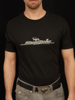 Suicycle One T-shirt. A black t-shirt with a metallic silver Suicycle logo on the front, and a smaller logo on the back near the collar.