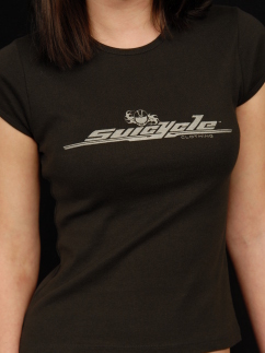 A black ladies' t-shirt with a metallic silver Suicycle logo on the front.